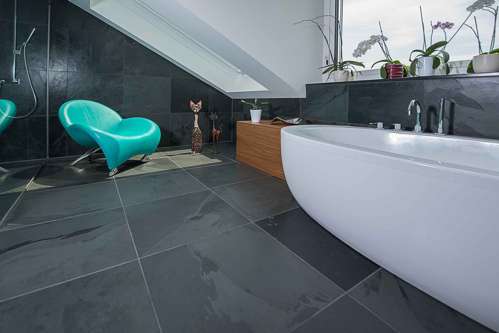 Grey slate natural stone floor, rough-cut